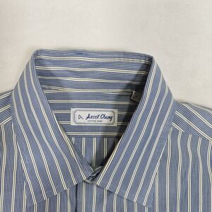 Ascot Chang Men's Shirt Size (L) Blue White Striped Custom Made in Hong Kong Vtg
